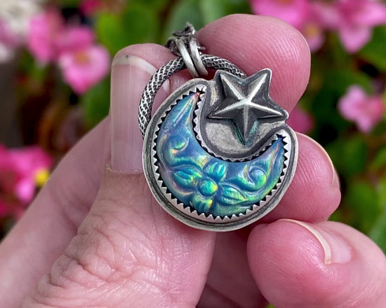 Load and play video in Gallery viewer, Sterling Aurora Opal Moon &amp;amp; Star Necklace
