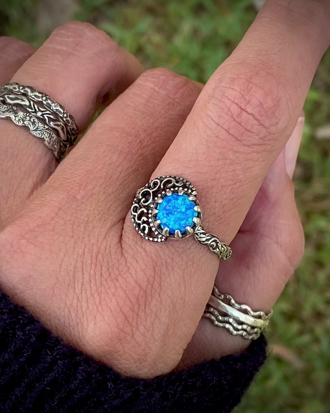 Sterling Filigree Moon & Opal Ring