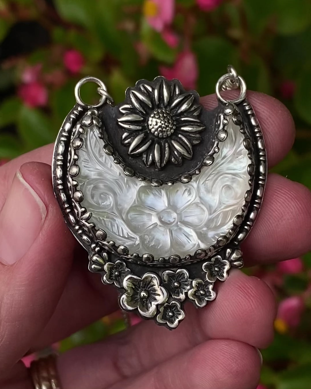 Load and play video in Gallery viewer, MOP Flower Moon Sterling Necklace
