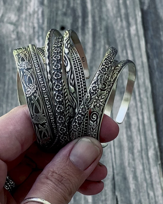 Load and play video in Gallery viewer, Sterling Silver Pattern Cuff Bracelets
