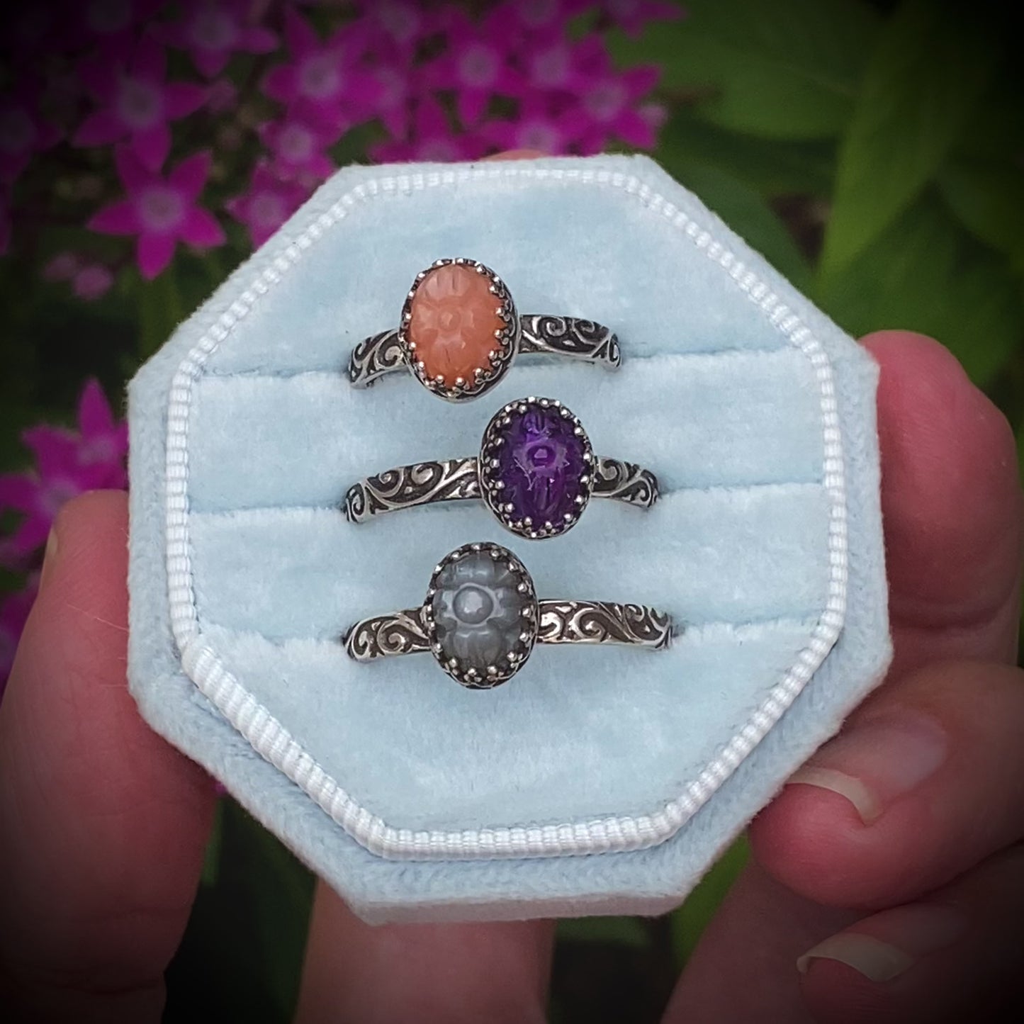 Sterling Carved Gemstone Floral Ring