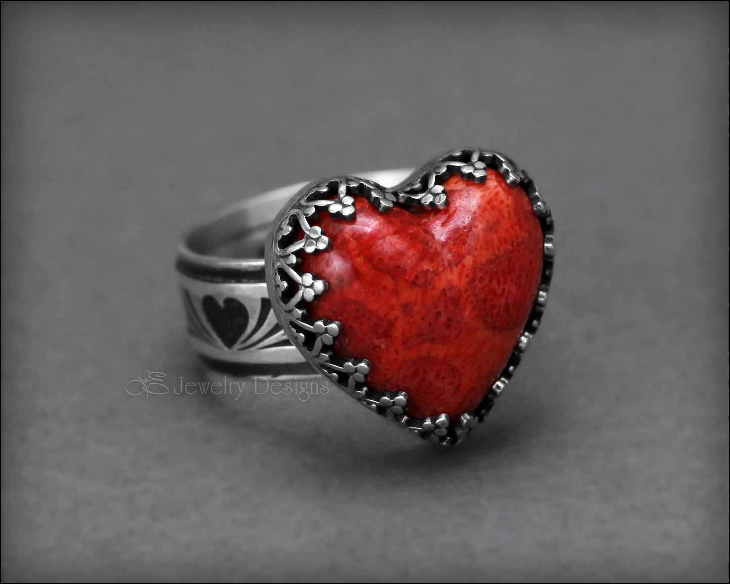Sterling Red Coral Heart Ring - LE Jewelry Designs