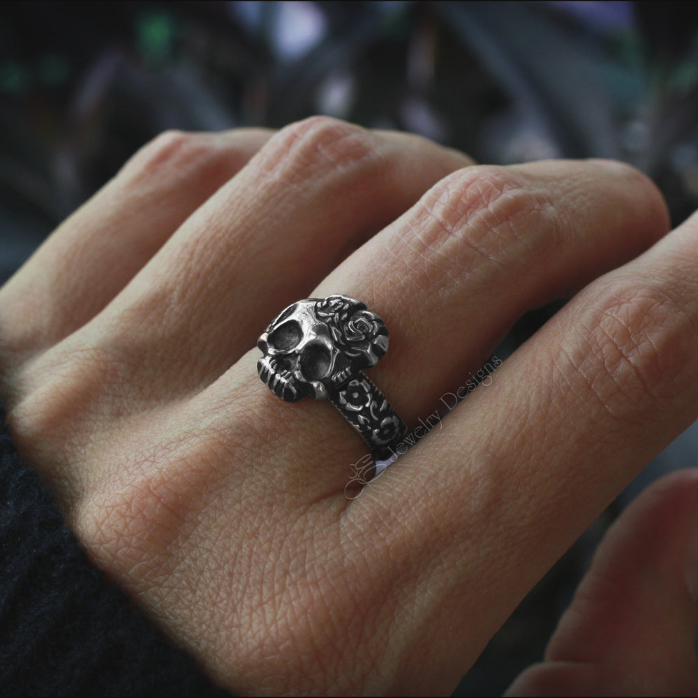 Sterling Skull & Roses Floral Ring - LE Jewelry Designs