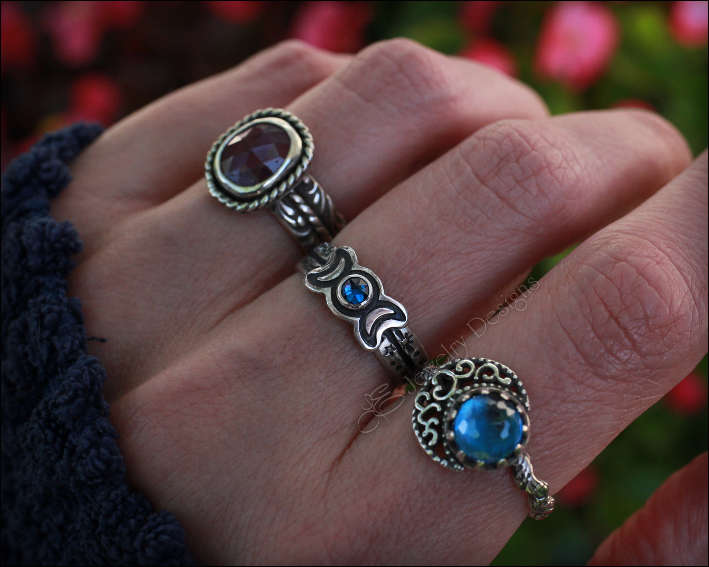 Sterling Silver Triple Moon Birthstone Ring - LE Jewelry Designs