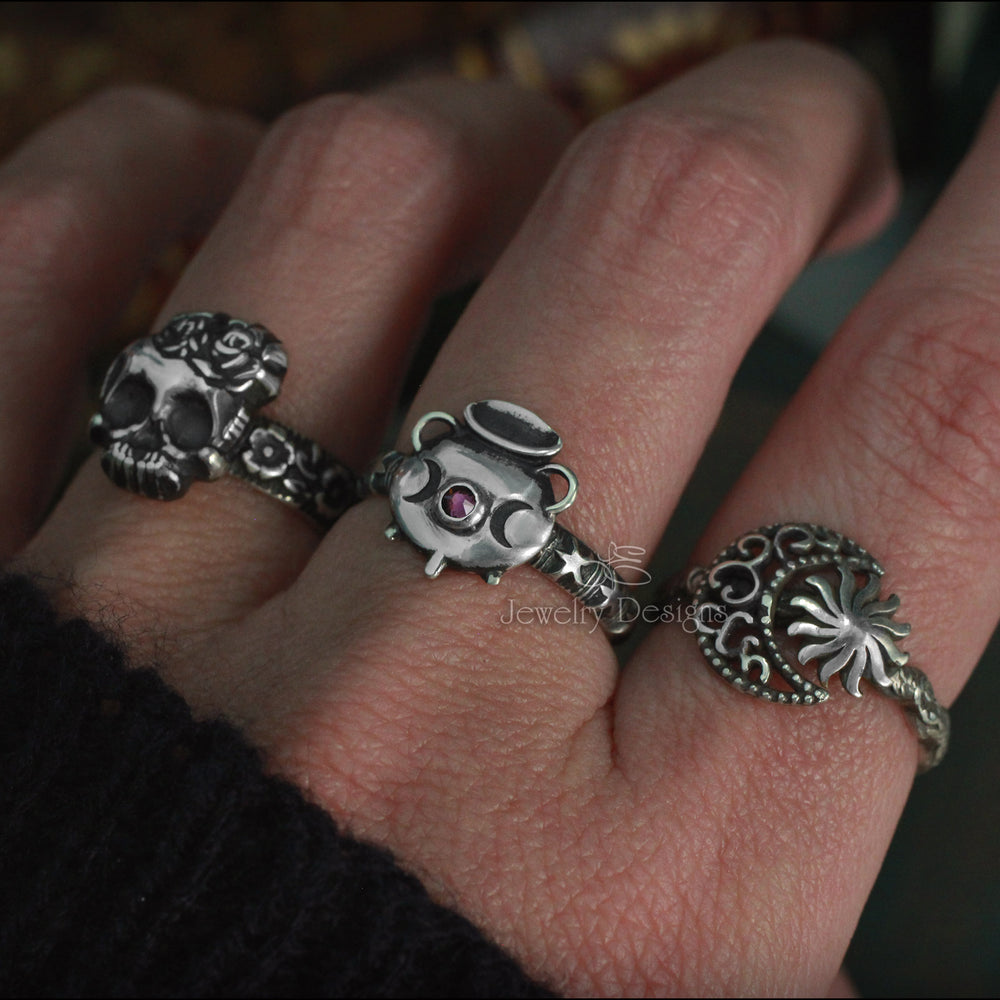 Sterling Witch's Cauldron Ring - (birthstone or opal) - LE Jewelry Designs