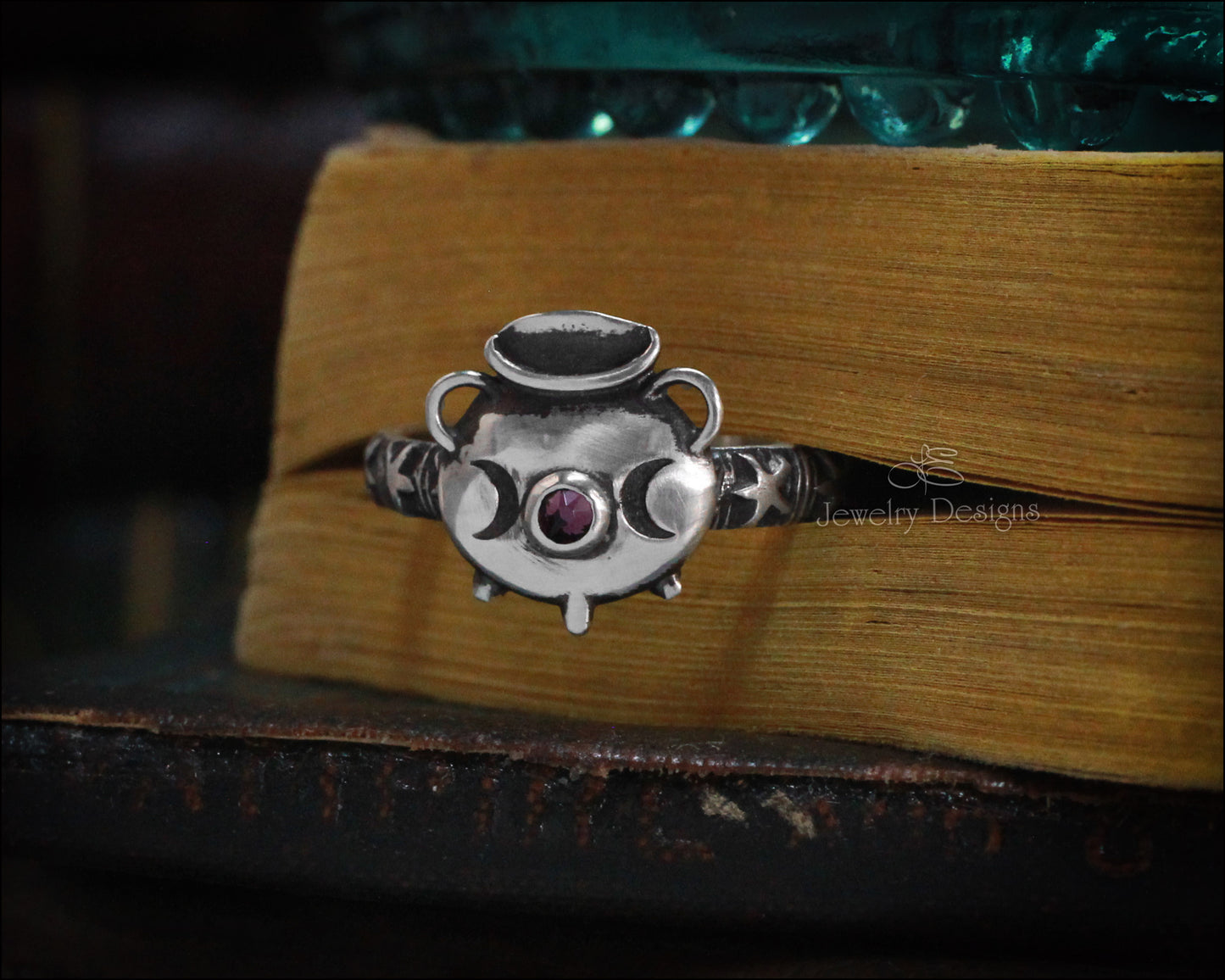 Sterling Witch's Cauldron Ring - (birthstone or opal)