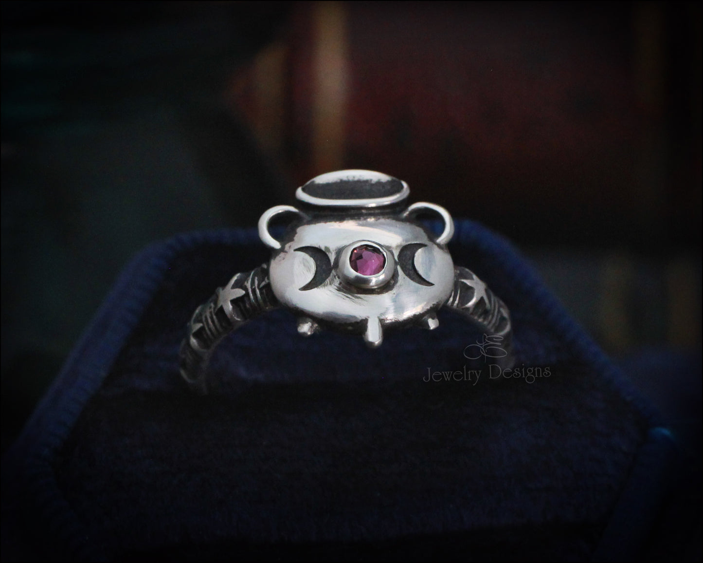 Sterling Witch's Cauldron Ring - (birthstone or opal)