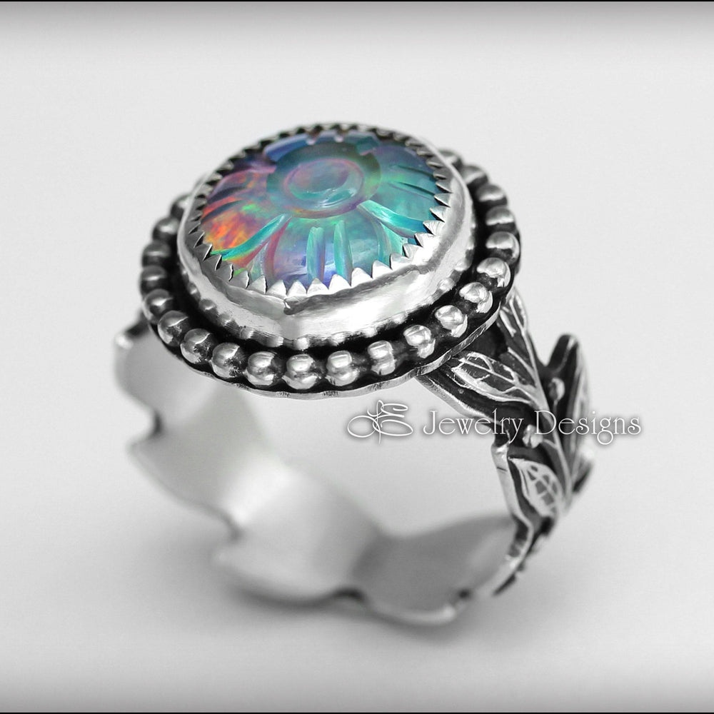 
                  
                    PRE ORDER - Carved Aurora Opal Floral Ring - LE Jewelry Designs
                  
                