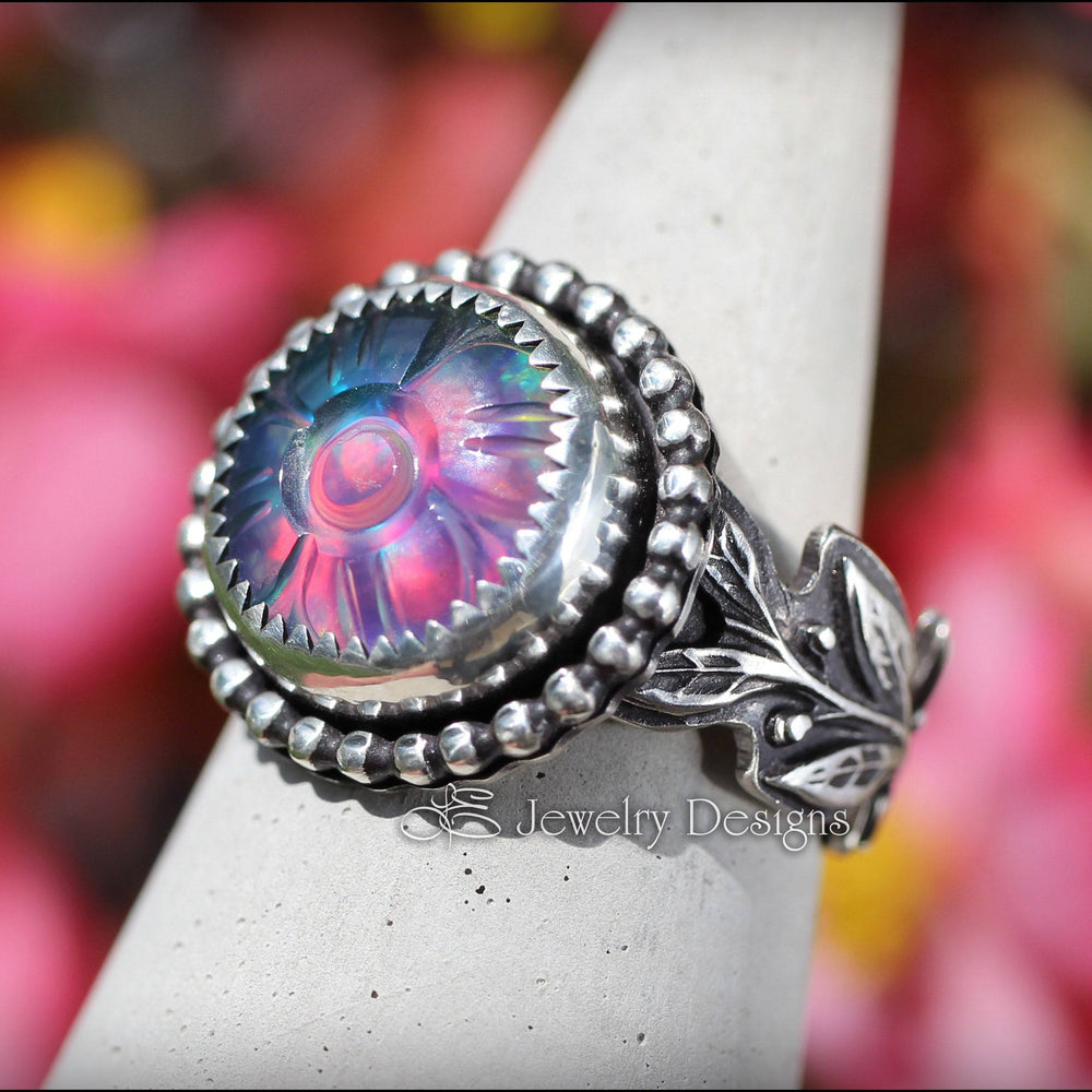 
                  
                    PRE ORDER - Carved Aurora Opal Floral Ring - LE Jewelry Designs
                  
                