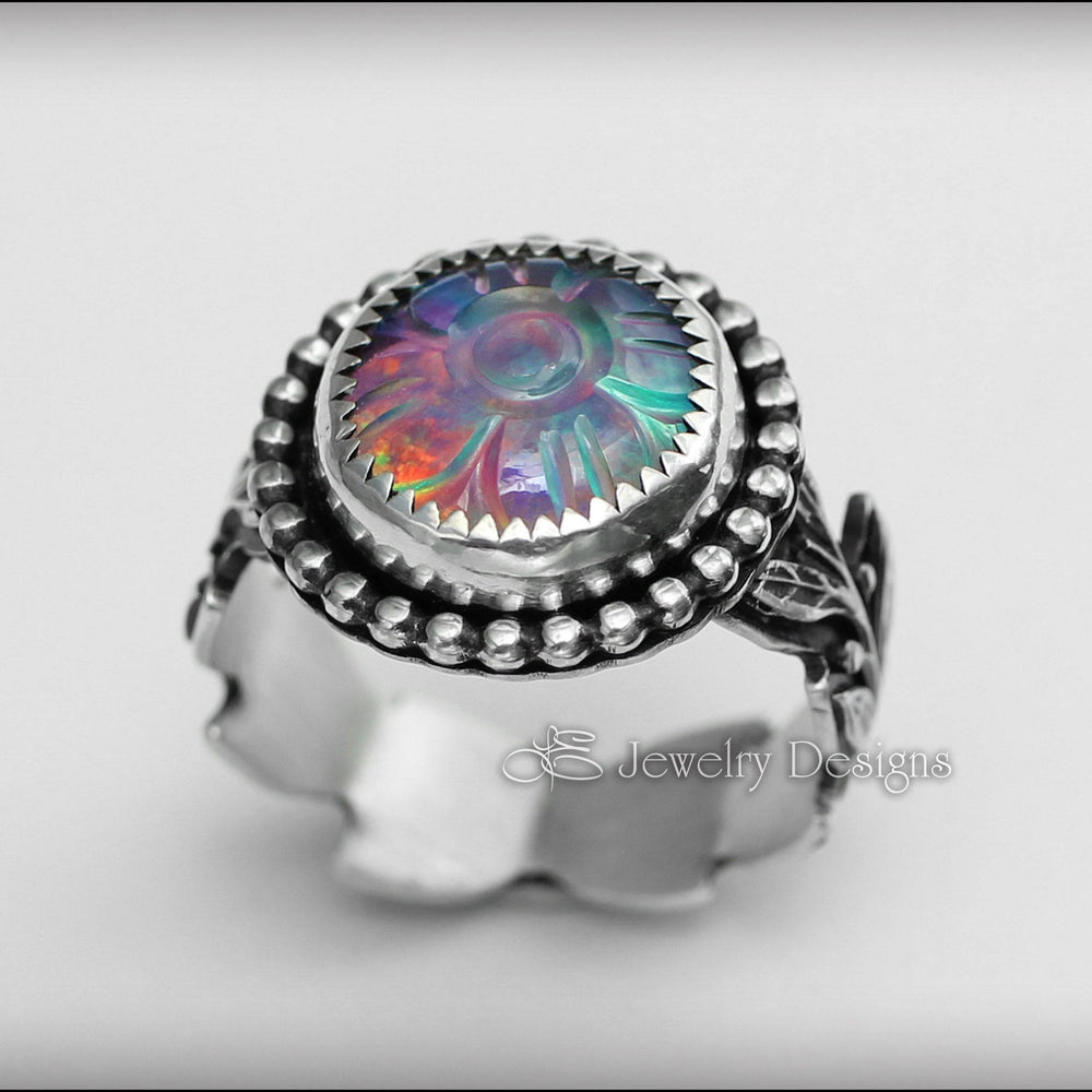 
                  
                    PRE ORDER - Carved Aurora Opal Floral Ring - LE Jewelry Designs
                  
                