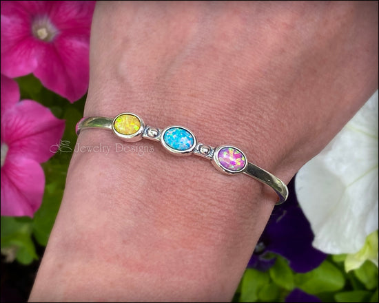 Load image into Gallery viewer, Sterling 3-Stone Oval Opal Cuff Bracelet - (choose colors) - LE Jewelry Designs
