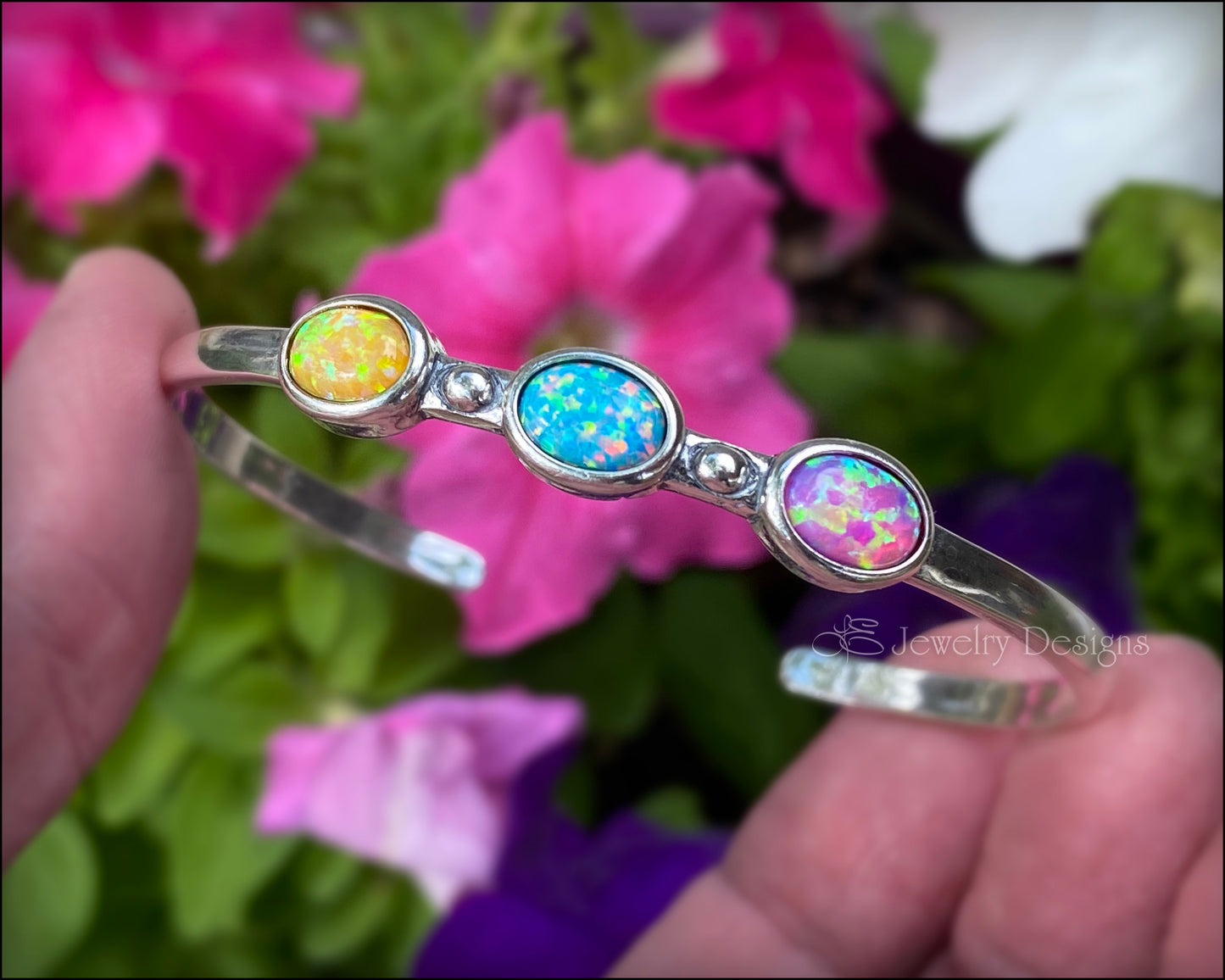 Load image into Gallery viewer, Sterling 3-Stone Oval Opal Cuff Bracelet - (choose colors) - LE Jewelry Designs
