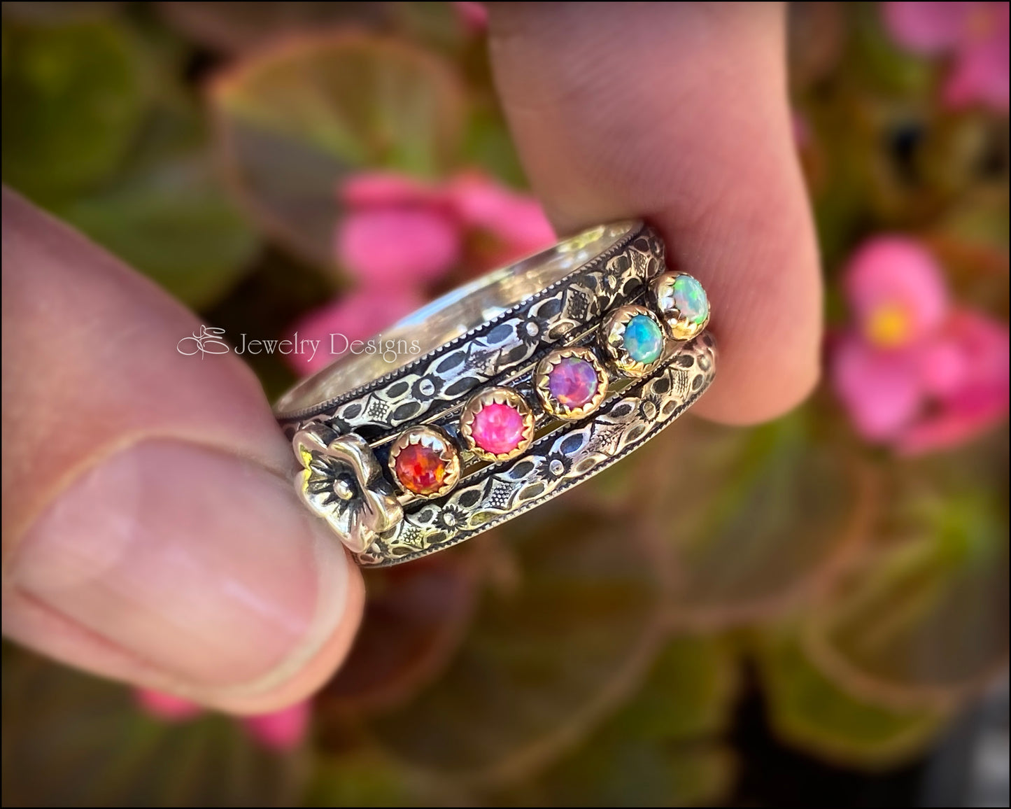 Hand Carved Hexagon Aurora Opal Floral Ring – LE Jewelry Designs