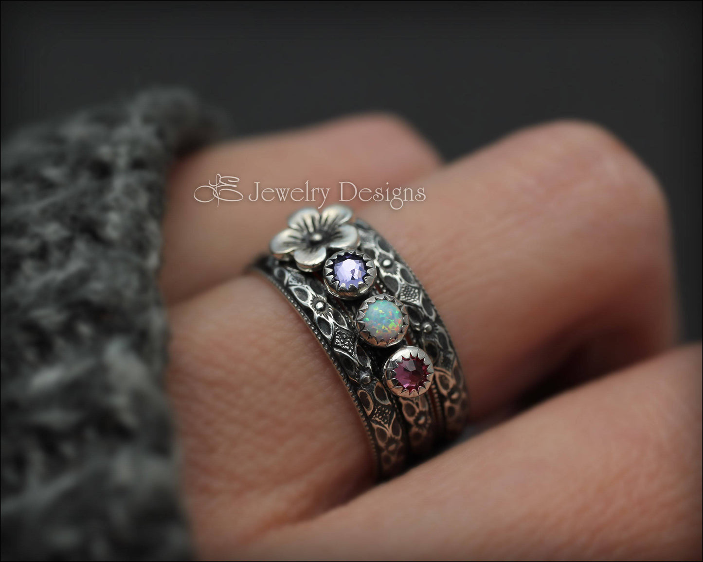 Floral Birthstone Ring Set - (choose # of stones) - LE Jewelry Designs