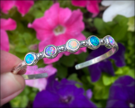 Load image into Gallery viewer, Sterling 5-Stone Skinny Opal Cuff Bracelet - (choose colors) - LE Jewelry Designs
