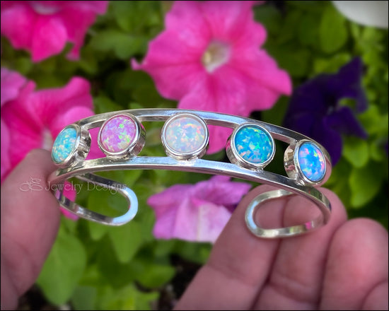 Load image into Gallery viewer, Sterling 5-Stone Opal Cuff Bracelet - (choose colors) - LE Jewelry Designs
