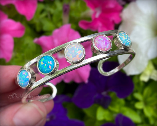 Load image into Gallery viewer, Sterling 5-Stone Opal Cuff Bracelet - (choose colors) - LE Jewelry Designs
