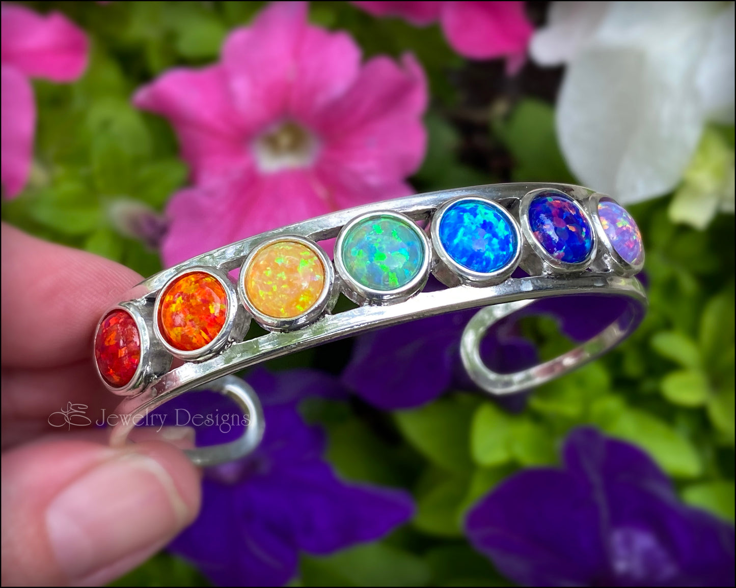 Load image into Gallery viewer, Sterling 7-Stone Opal Cuff Bracelet - (choose colors) - LE Jewelry Designs
