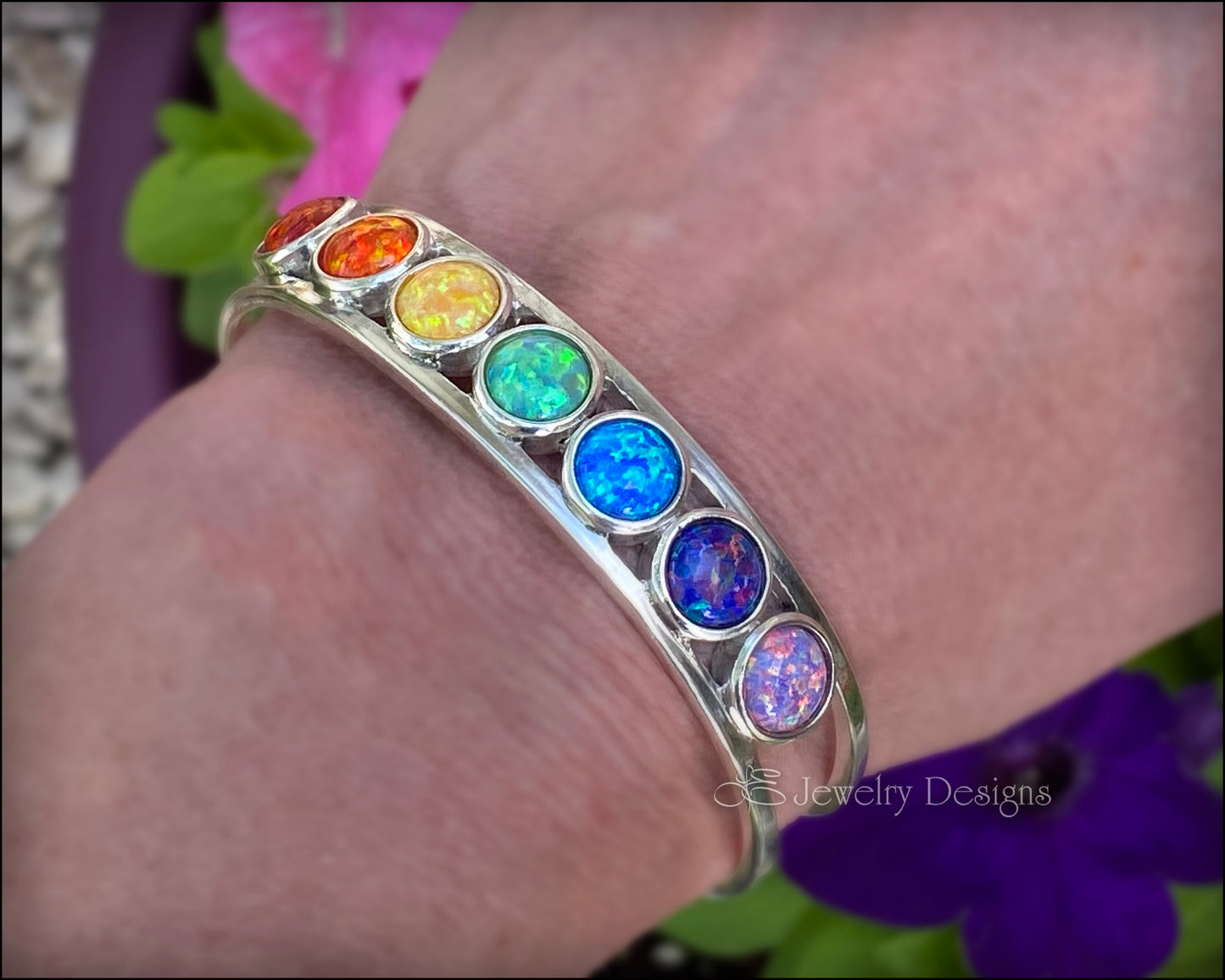 Load image into Gallery viewer, Sterling 7-Stone Opal Cuff Bracelet - (choose colors) - LE Jewelry Designs
