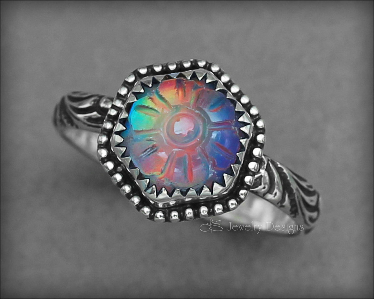 Hand Carved Hexagon Aurora Opal Floral Ring - LE Jewelry Designs