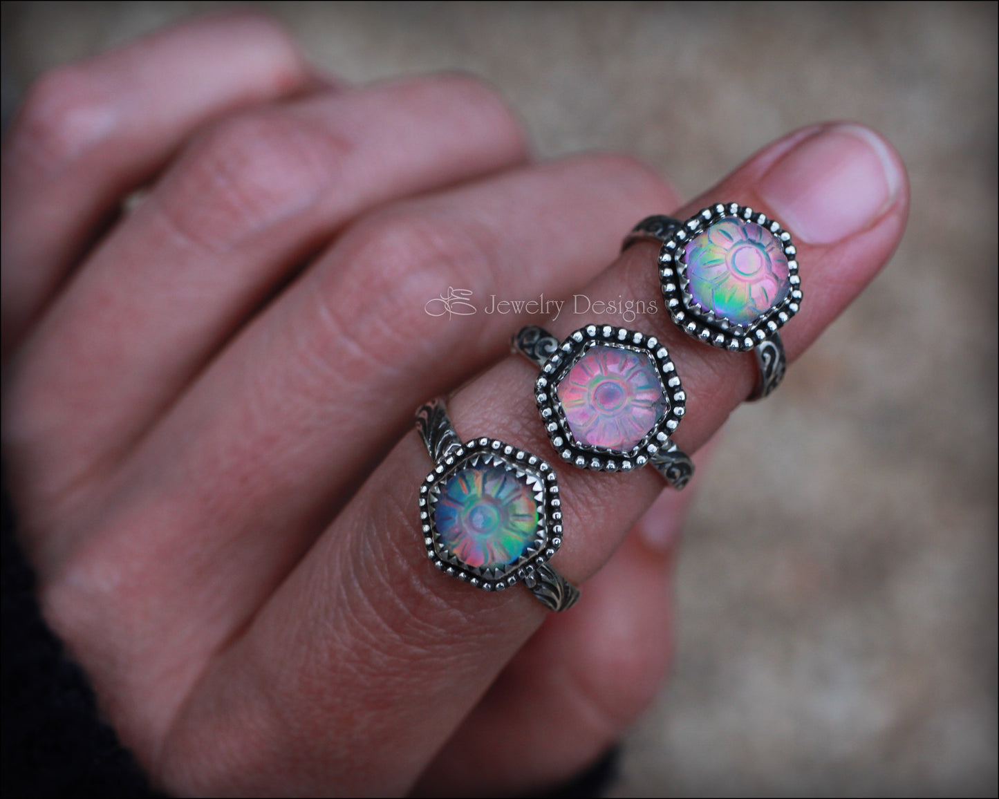 Hand Carved Hexagon Aurora Opal Floral Ring - LE Jewelry Designs