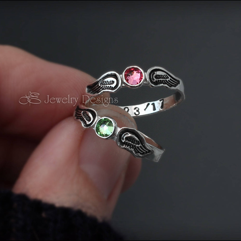 Hand Stamped Angel Wings Birthstone Ring - LE Jewelry Designs