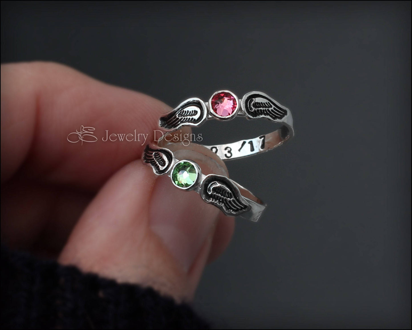 Hand Stamped Angel Wings Birthstone Ring - LE Jewelry Designs