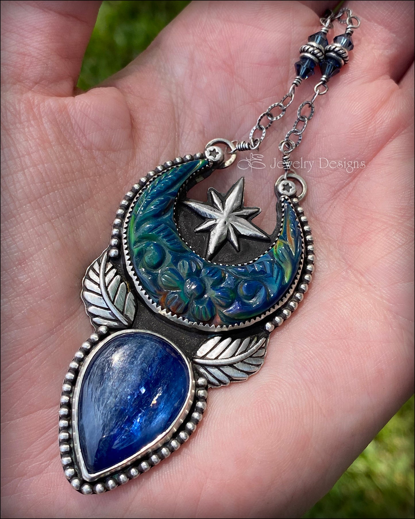 Load image into Gallery viewer, Aurora Opal Moon &amp;amp; Kyanite Pendant - LE Jewelry Designs
