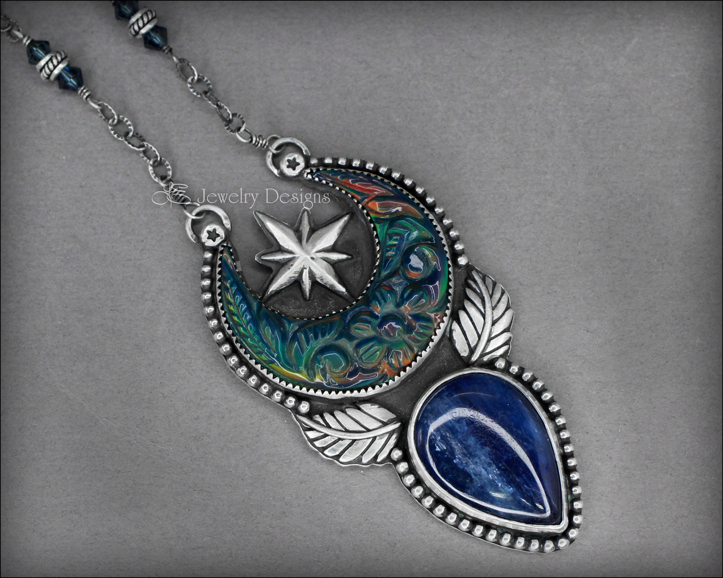 Load image into Gallery viewer, Aurora Opal Moon &amp;amp; Kyanite Pendant - LE Jewelry Designs
