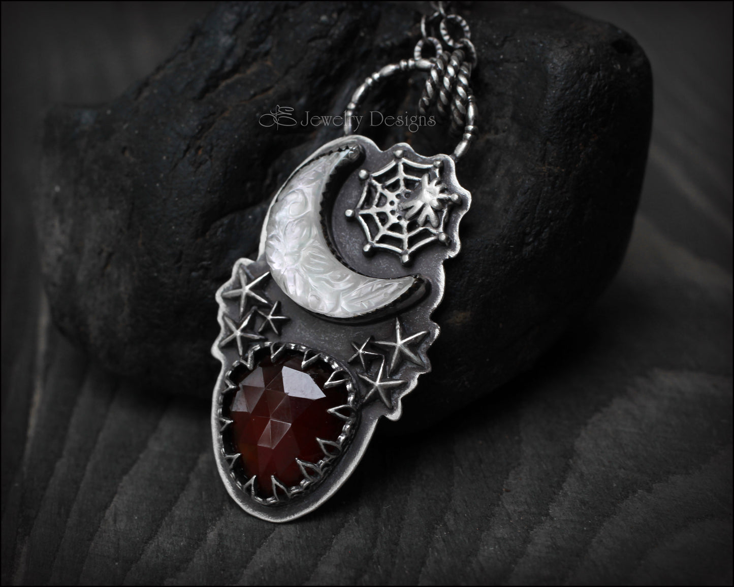 Load image into Gallery viewer, Gothic Night Moon &amp;amp; Garnet Necklace - LE Jewelry Designs
