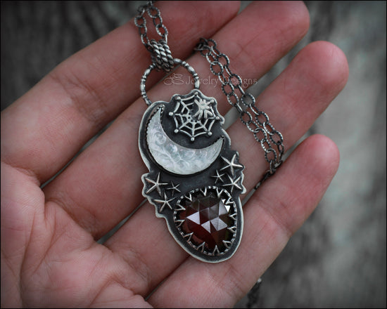 Gothic Night Moon & Garnet Necklace - LE Jewelry Designs