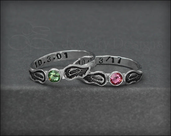 Hand Stamped Angel Wings Birthstone Ring - LE Jewelry Designs