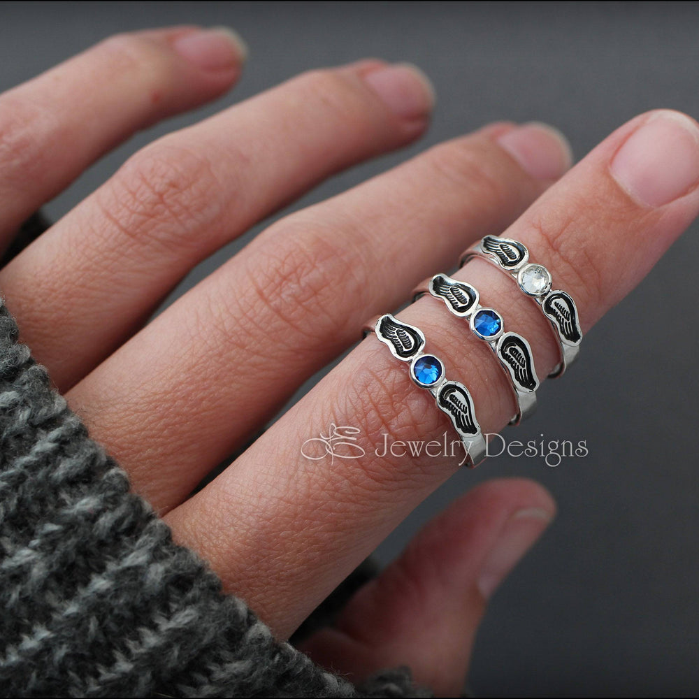 Hand Stamped Angel Wings Birthstone Ring - LE Jewelry Designs