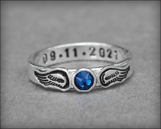 Hand Stamped Angel Wings Birthstone Ring - LE Jewelry Designs