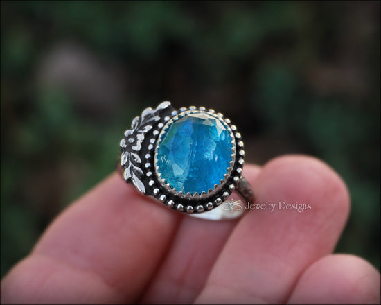Sterling Neon Blue Apatite Floral Ring - LE Jewelry Designs
