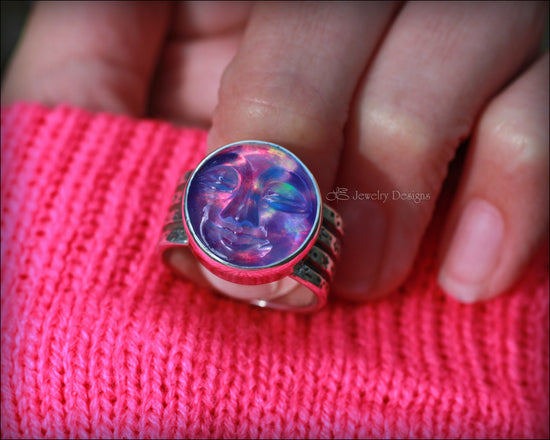 Sterling Aurora Opal Moon Face Ring - LE Jewelry Designs