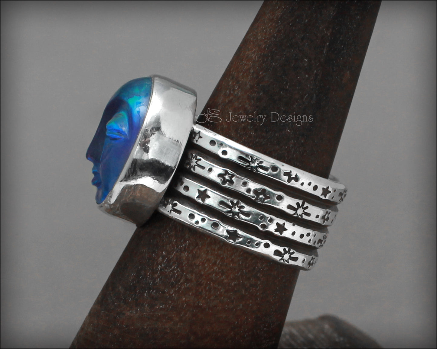 Sterling Aurora Opal Moon Face Ring - LE Jewelry Designs