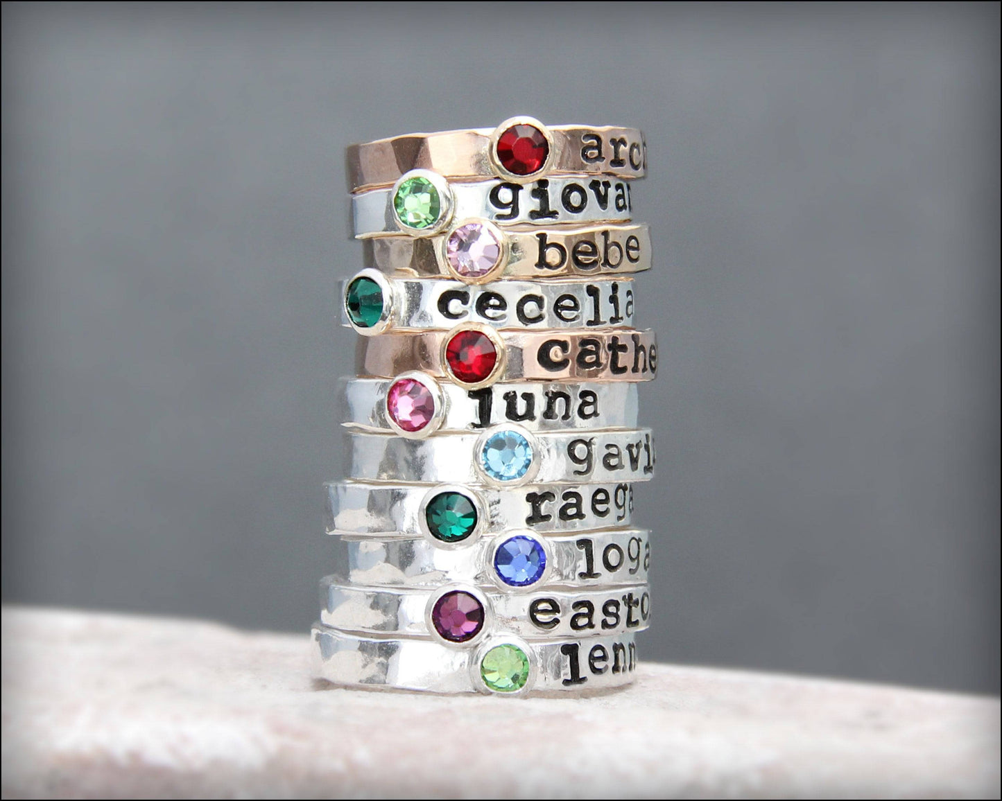 Hand Stamped Birthstone Stacking Ring - LE Jewelry Designs