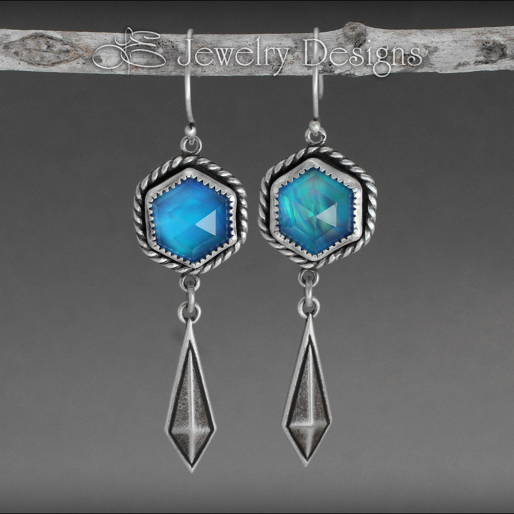 
                  
                    Rose Cut Hexagon Aurora Opal Earrings - LE Jewelry Designs
                  
                