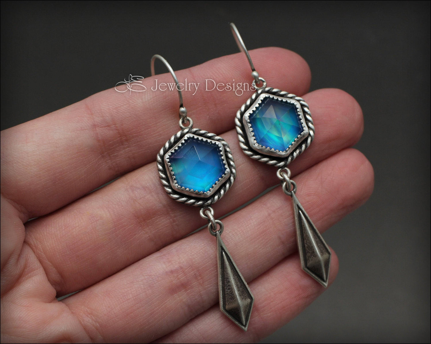 Load image into Gallery viewer, Rose Cut Hexagon Aurora Opal Earrings - LE Jewelry Designs
