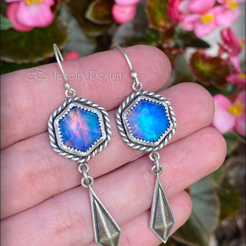 
                  
                    Rose Cut Hexagon Aurora Opal Earrings - LE Jewelry Designs
                  
                