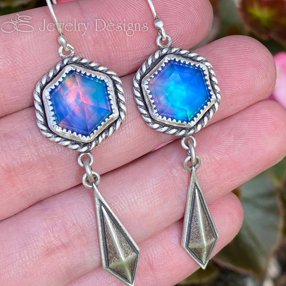 
                  
                    Rose Cut Hexagon Aurora Opal Earrings - LE Jewelry Designs
                  
                
