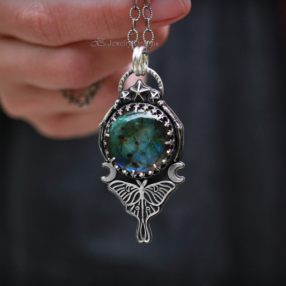 
                  
                    Sterling Luna Moth Labradorite Pendant - LE Jewelry Designs
                  
                