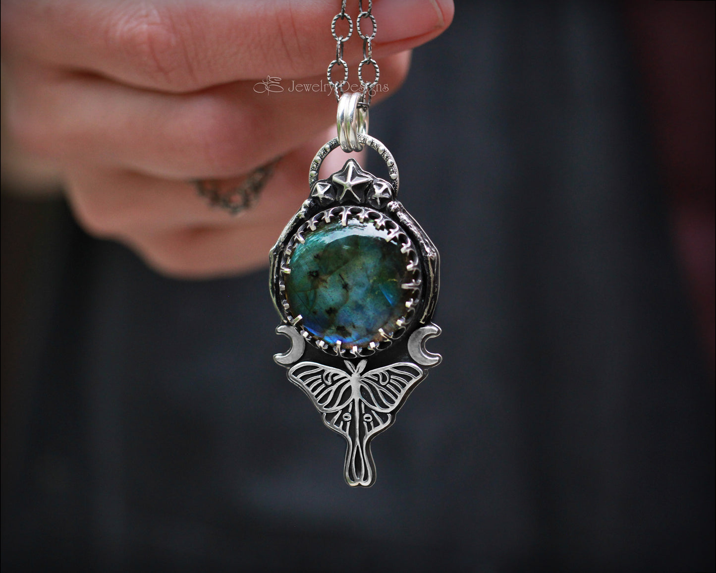 Sterling Luna Moth Labradorite Pendant - LE Jewelry Designs