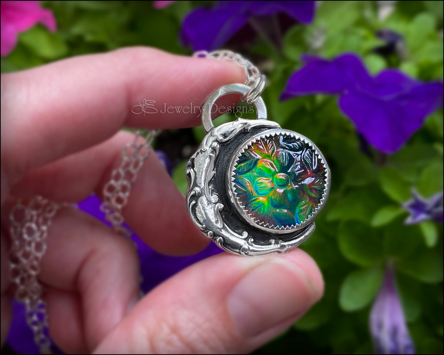 Sterling Moon & Floral Aurora Opal Necklace - LE Jewelry Designs
