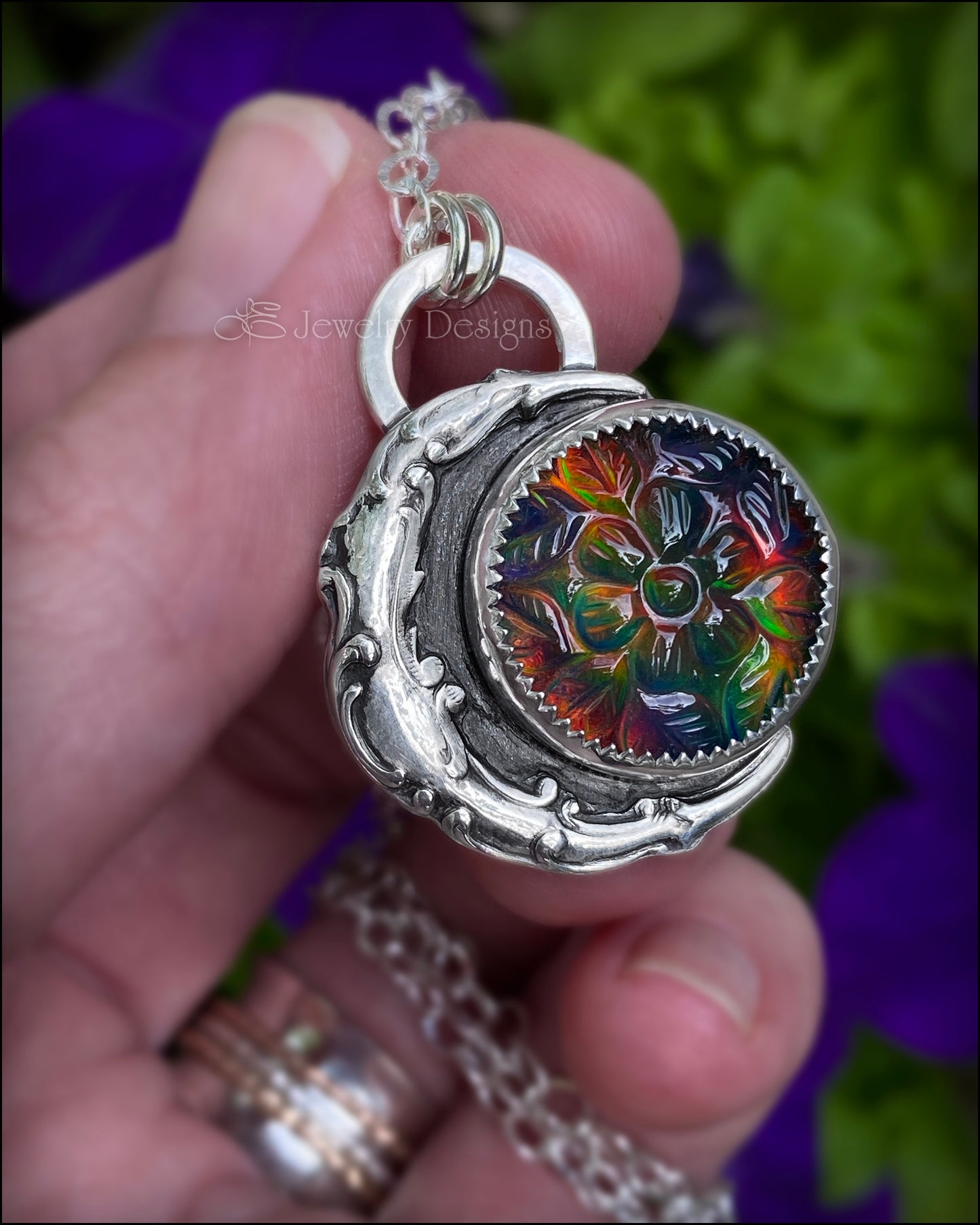 Sterling Moon & Floral Aurora Opal Necklace - LE Jewelry Designs