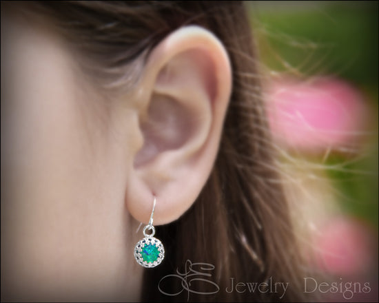 Load image into Gallery viewer, Sterling Silver Gallery Opal Drop Earrings - (8mm) - LE Jewelry Designs
