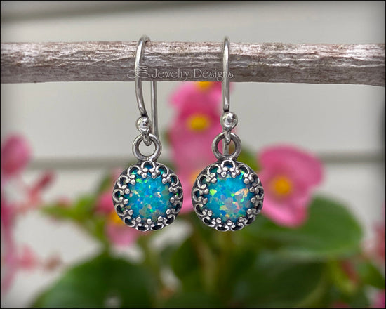 Load image into Gallery viewer, Sterling Silver Gallery Opal Drop Earrings - (8mm) - LE Jewelry Designs
