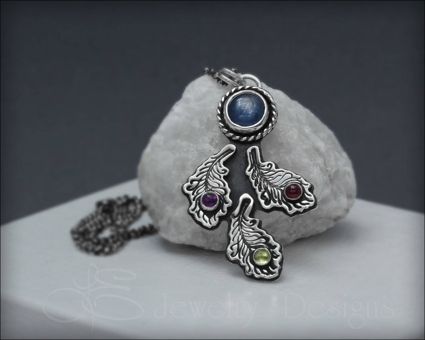 Gemstone Peacock Feather Necklace - LE Jewelry Designs