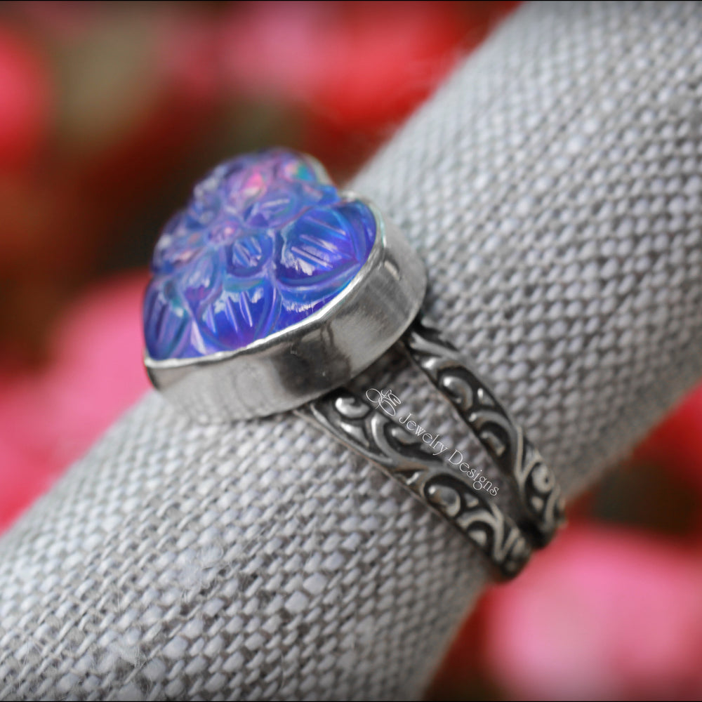
                  
                    Sterling Carved Aurora Opal Heart Ring - LE Jewelry Designs
                  
                